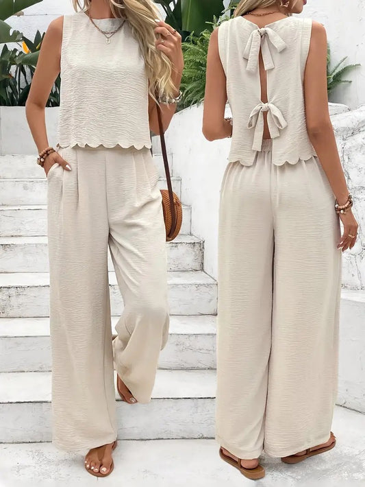 R1281 Bow Knot Back Tank Top and wide-leg pants two-piece set
