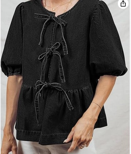 R1265 Bow Knot Babydoll Denim Top