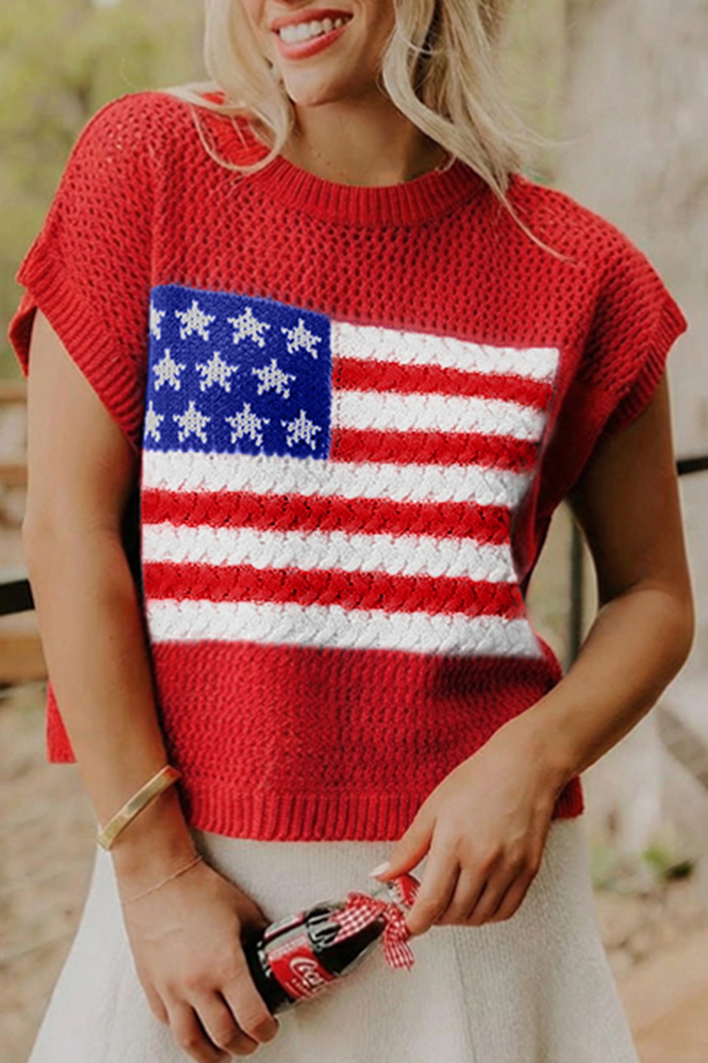 R1346 Flag Graphic Short Sleeve Sweater Top