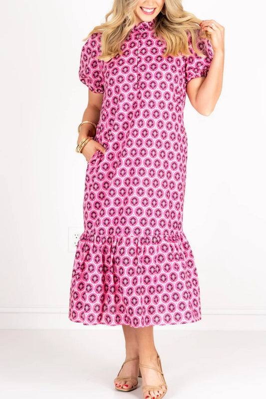 R1459 Hot Pink Puff Sleeve Printed Long Dress