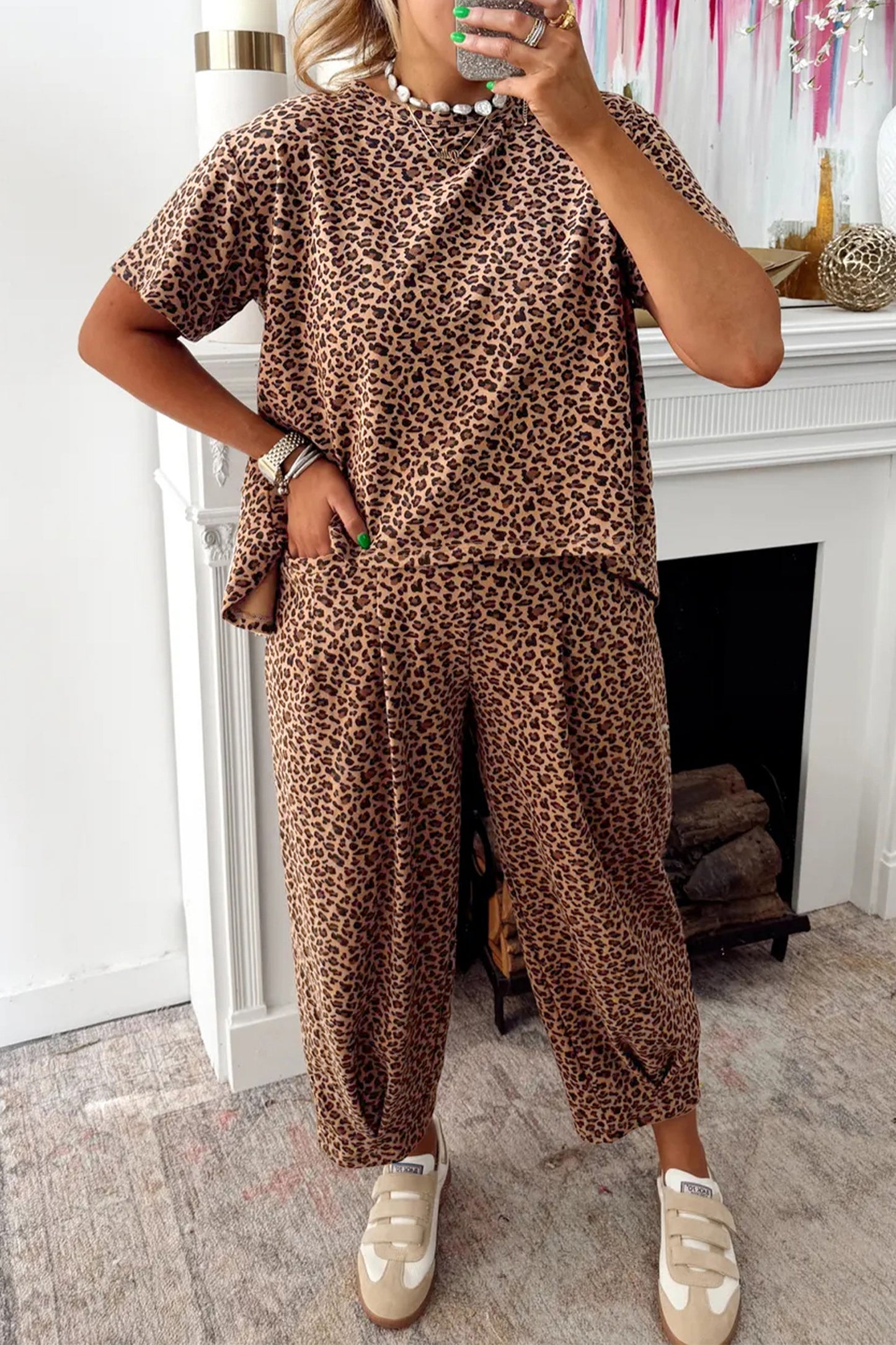 R1195 Short Sleeve Leopard Pants Set