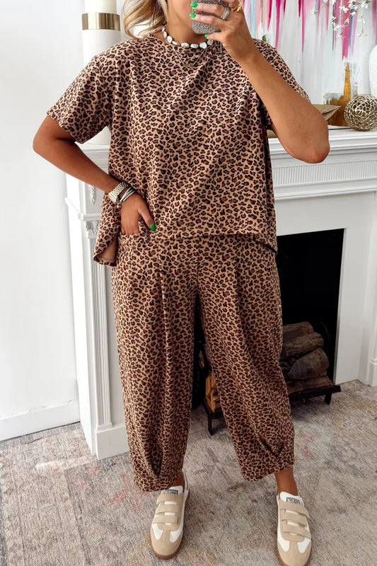 R1195 Short Sleeve Leopard Pants Set