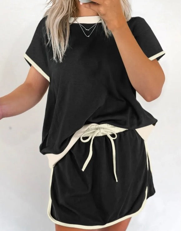 R1392 Colorblock Edge Drop Shoulder T Shirt and Skort 2Pcs Set