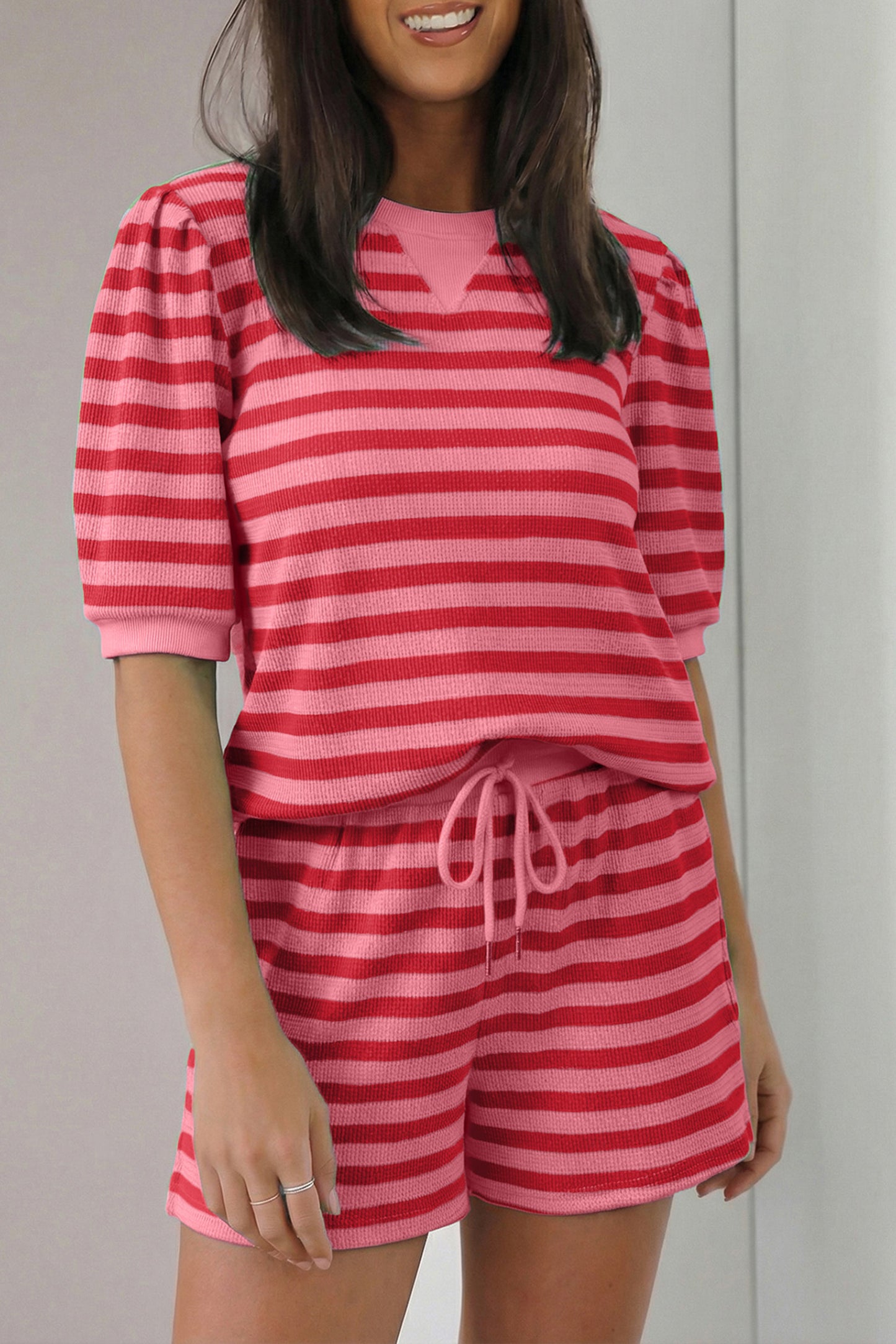 D5375 Stripe Puff Short Sleeve T Shirt Matching Shorts Set