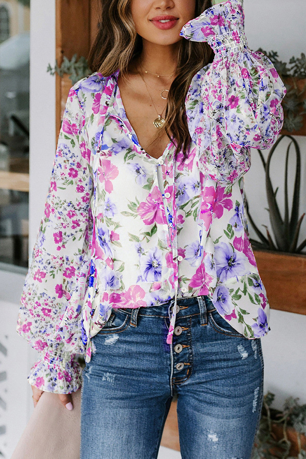 R1286 Floral Smocked Blouse