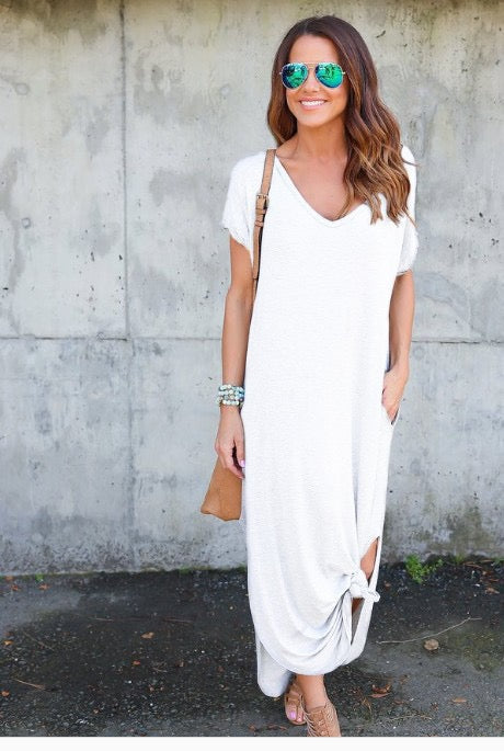 R1294 Short Sleeve Solid Color Pocket Maxi Dress
