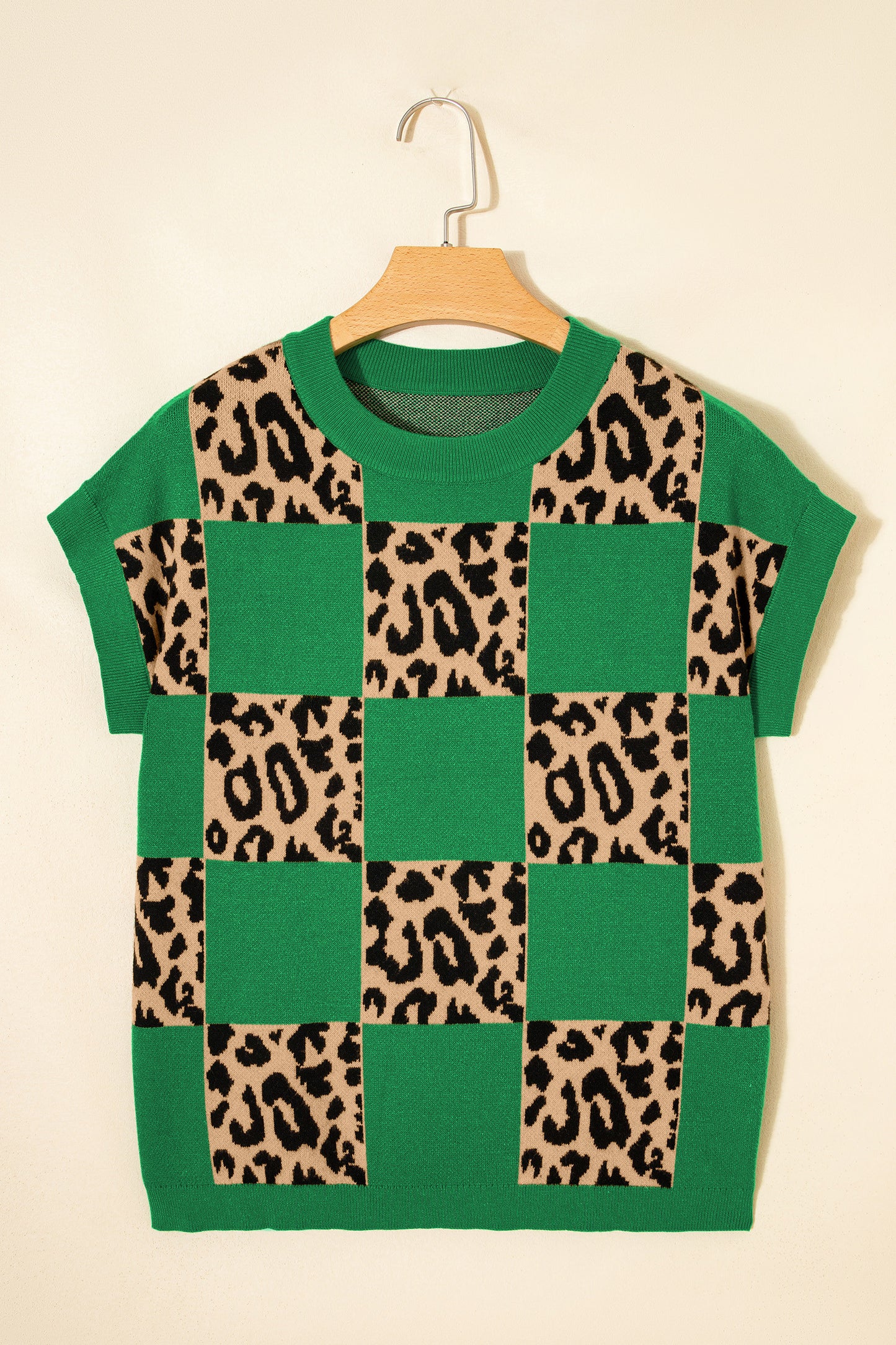 D5333 Leopard Checkerboard Short Sleeve Knit Sweater