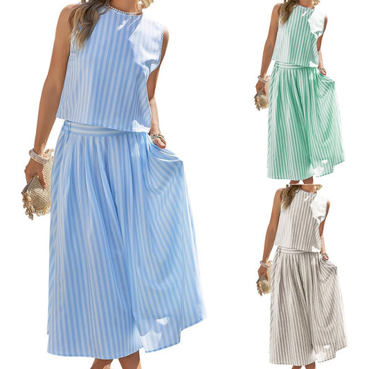 R1593 Stripe Button Two Pieces Long Dress Set