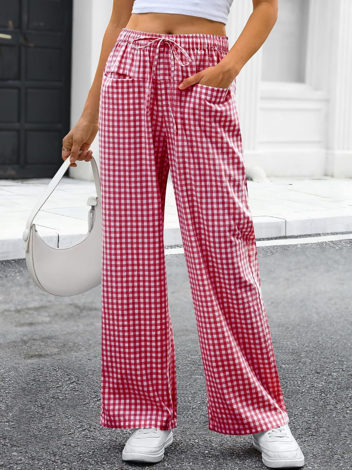 R1225 Women's High-Waisted Wide-Leg Plaid Drawstring Pajamas Pants