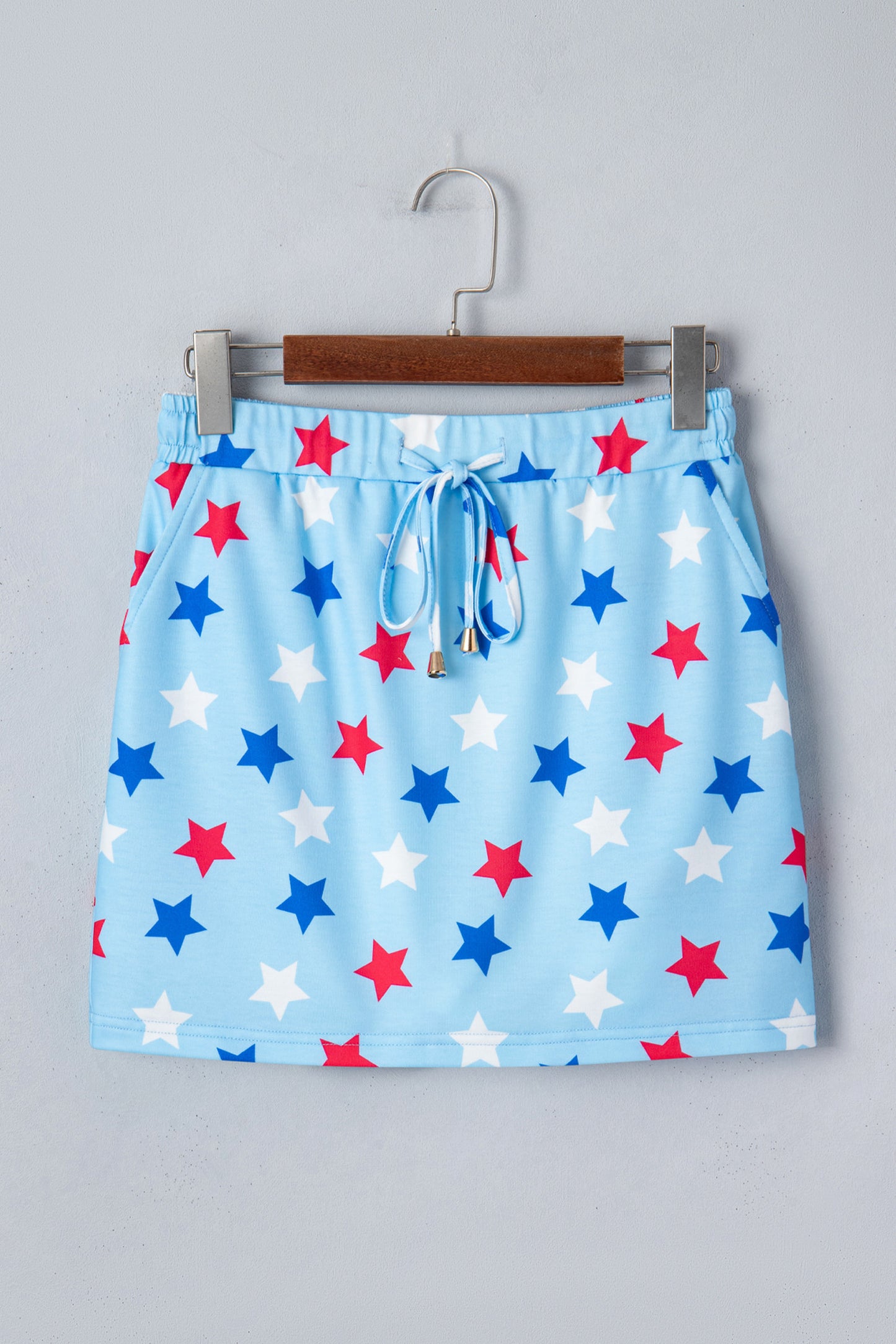 R1453 Sky Blue Patriotic Star Printed Beaded Drawstring Mini Skort
