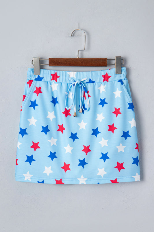 R1453 Sky Blue Patriotic Star Printed Beaded Drawstring Mini Skort
