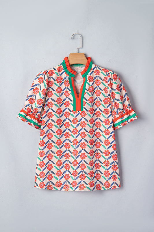 R1330 Red Floral Print Striped Detail V Neck Ruffled Short Sleeve Blouse