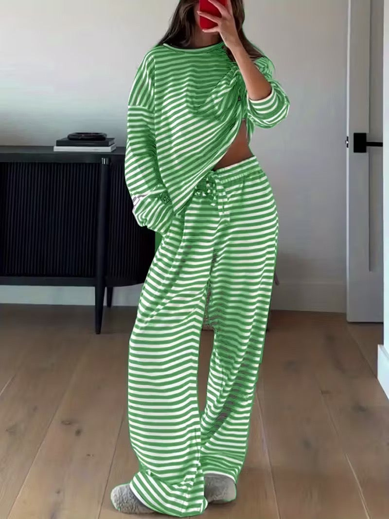 R1238 Striped Long Sleeve Top High-Waist Pants Two-Piece Set