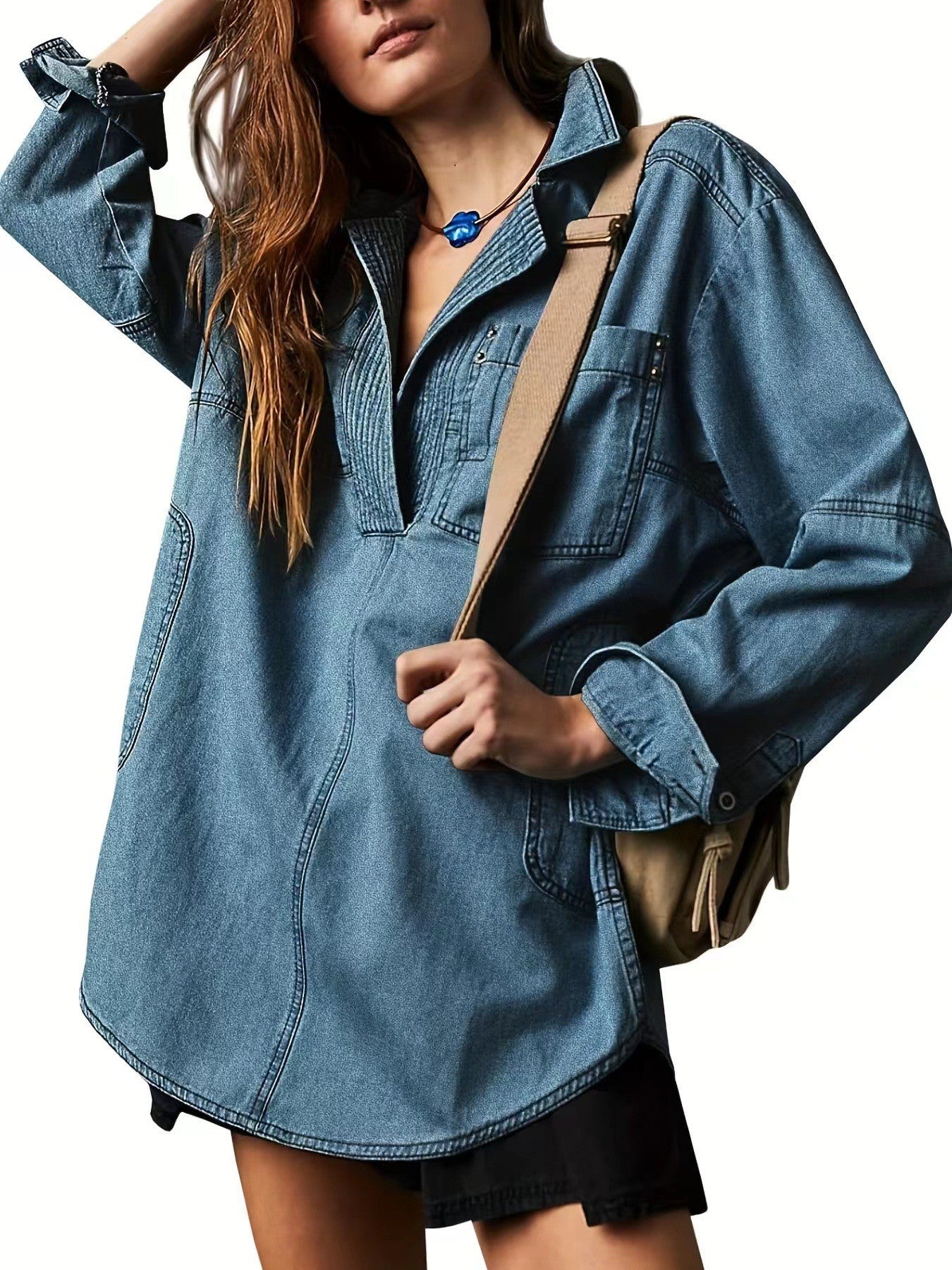 R1252 V neck Oversized Denim Top