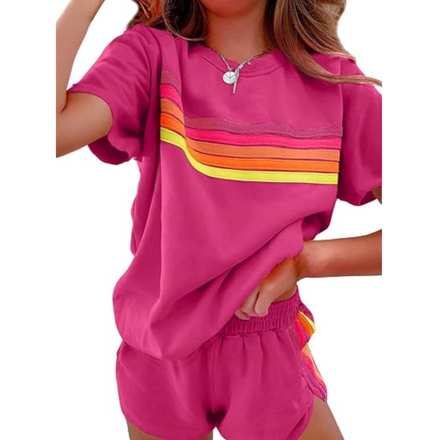 D4573 Rain Bow Patchwork Short Sleeve Two Pieces Set