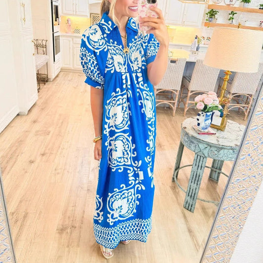 D5444 Royal Blue V Neck Boho Style Long Dress