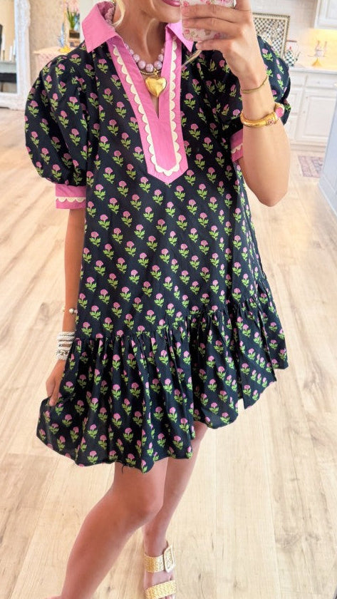 D5443 Puff Sleeve Black Floral Mini Dress